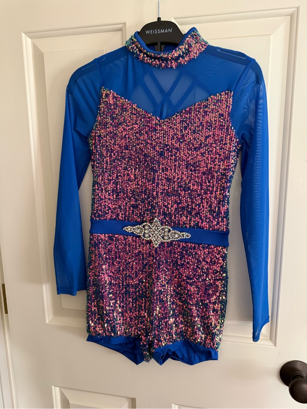 Weissman Blue and Pink Sequin Dance Costume with Jeweled Belt